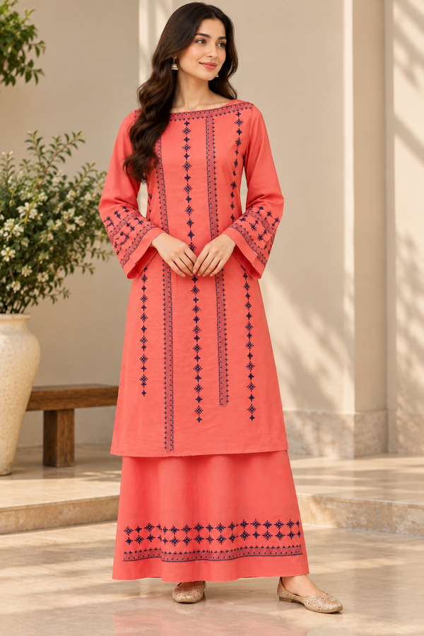 Coral Pink Embroidered 3-Piece Salwar Suit with Dupatta