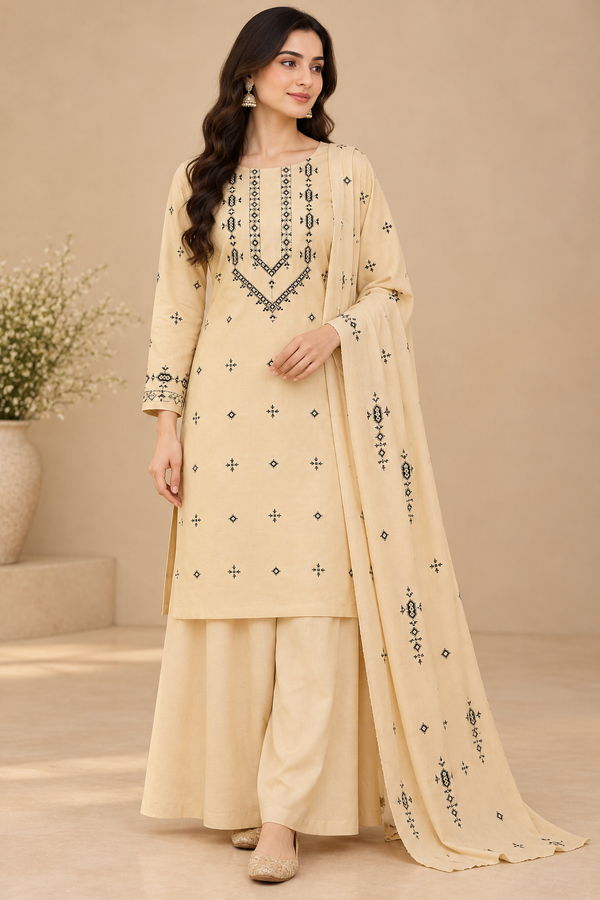 Elegant Beige Embroidered 3-Piece Salwar Suit