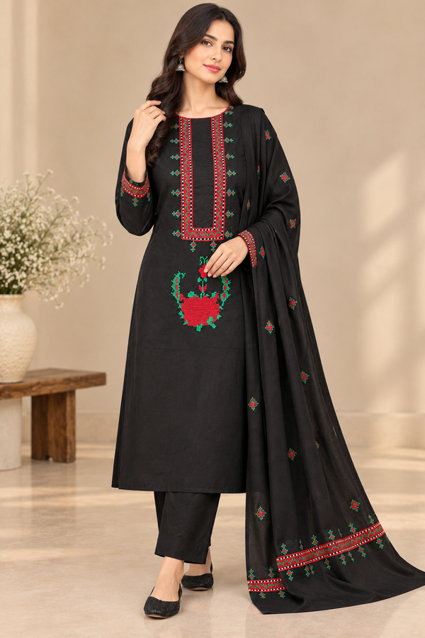 Black Traditional Embroidered 3-Piece Suit with Red & Green Threadwork