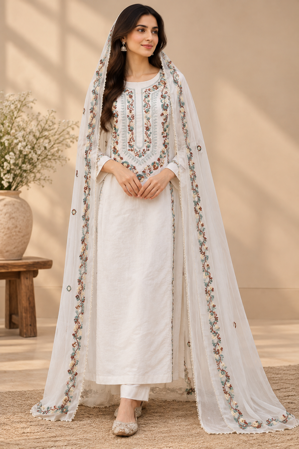 White Floral Embroidered 2-Piece Suit