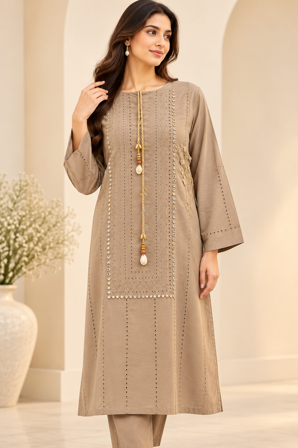 Elegant Taupe Brown Embroidered Kurta with Tassel Details