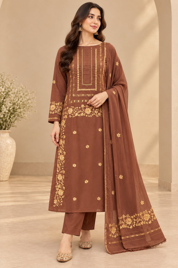 Premium Mocha Brown Suit with Golden Floral Embroidery