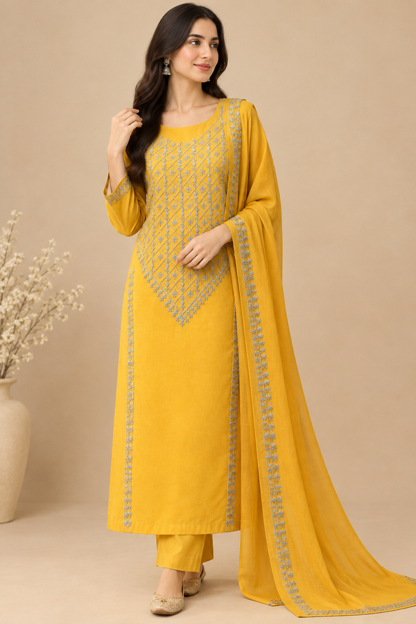 Mustard Yellow Suit with Silver Embroidery – Elegant Ethnic Wear