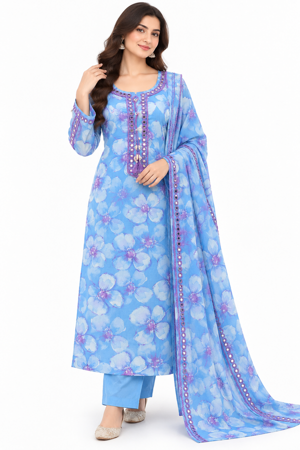 Sky Blue Floral Printed 3-Piece Suit with Purple Mirror Work