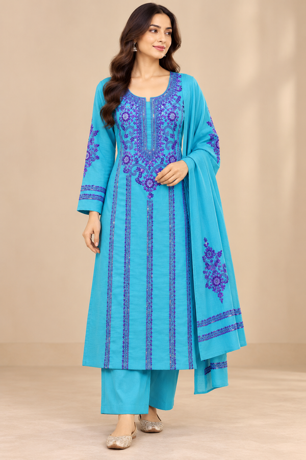 Elegant Turquoise Blue Embroidered 3-Piece Suit with Dupatta