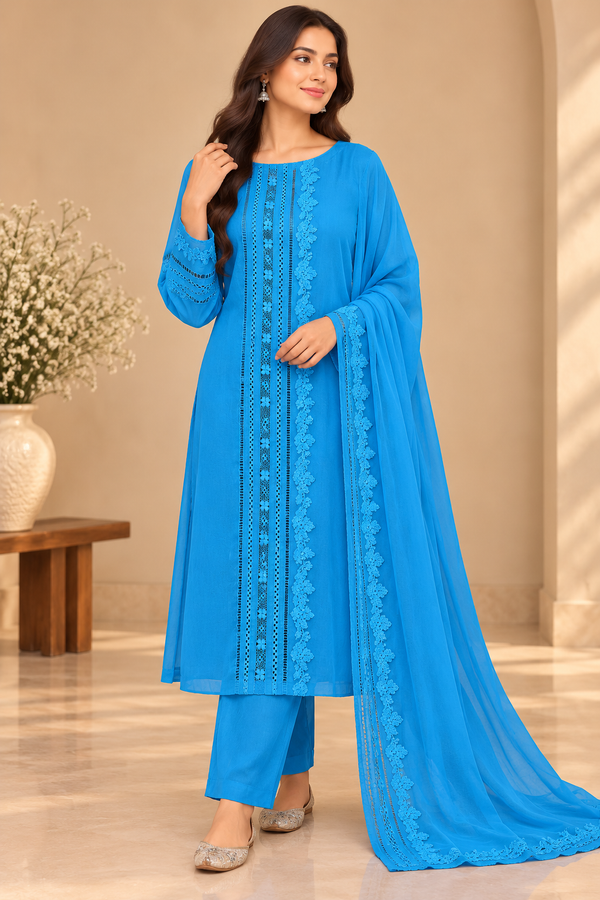 Premium Turquoise Blue Embroidered Chiffon Fabric